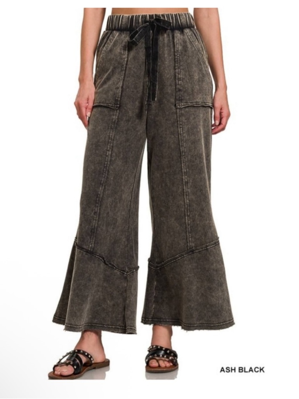 Zenana Outfitters Ash Black Wide Flare Drawstring Pants